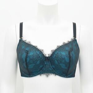 Cacique French Balconette Bra 42F Black Teal Lace Underwire Lift Lane Bryant Plu